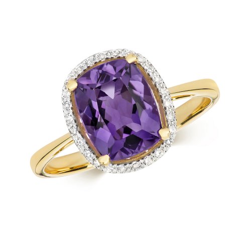 Diamond & Amethyst Cushion Cluster Ring In 9ct Gold 