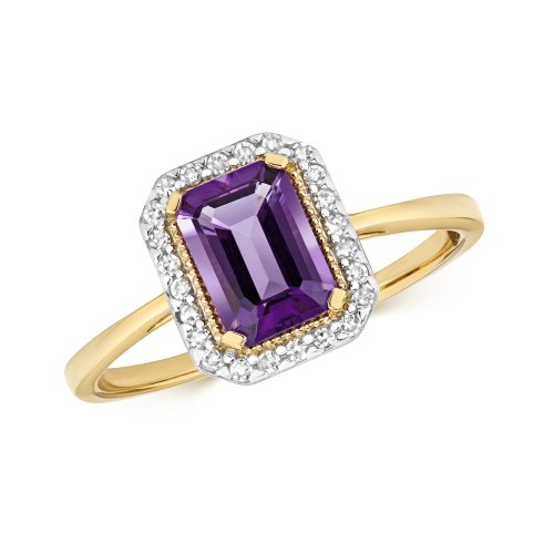 Diamond & Amethyst Octagon Cluster Ring In 9ct Gold 