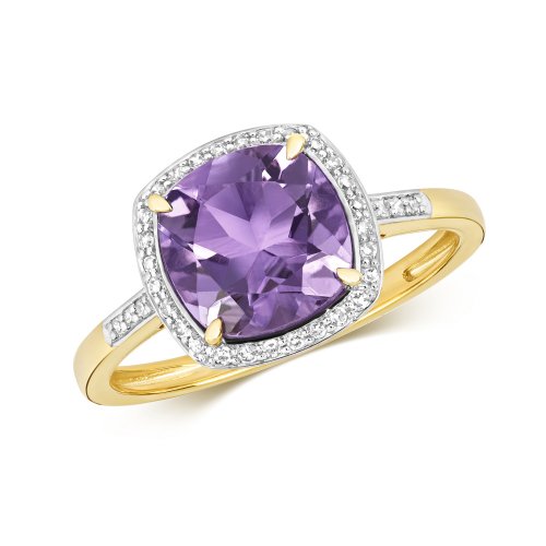 Diamond & Amethyst Cushion Cluster With Set Shoulders Ring In 9ct Gold 