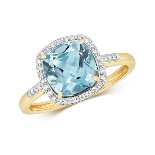 Diamond & Light Swiss Blue Topaz Cushion Cluster With Set Shoulders Ring In 9ct Gold 