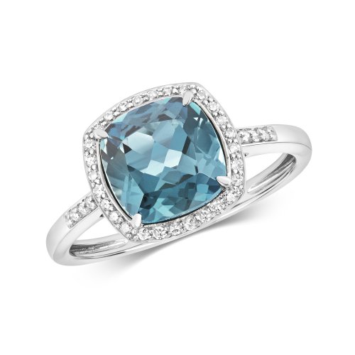 Diamond & London Blue Topaz Cushion Cluster With Set Shoulders Ring In 9ct White Gold 