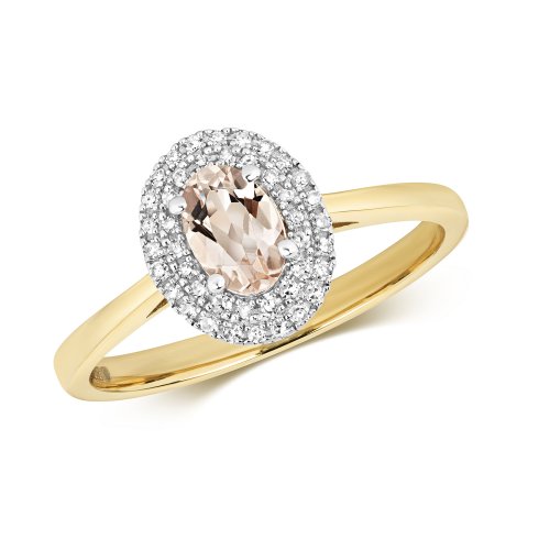 Diamond & Morganite Oval 2 Row Cluster Ring In 9ct Gold 
