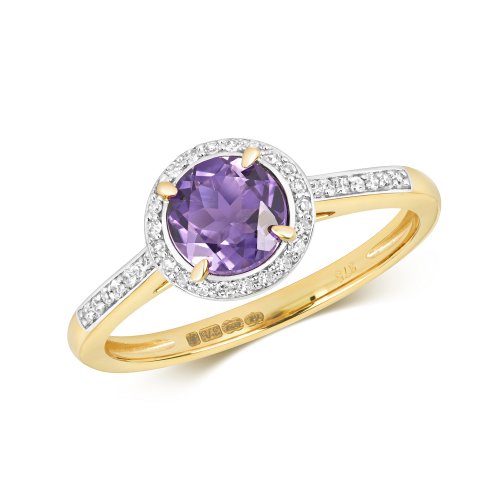 Diamond & Amethyst Round Cluster With Set Shoulders Ring In 9ct Gold 