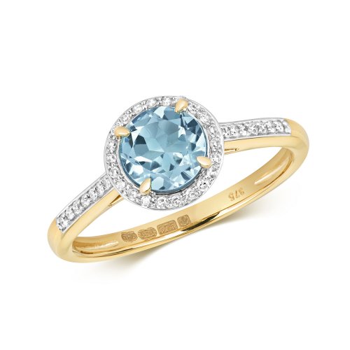 Diamond & Light Swiss Blue Topaz Round Cluster With Set Shoulders Ring In 9ct Gold 