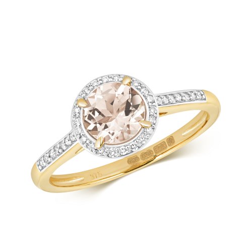 Diamond & Morganite Round Cluster With Set Shoulders Ring In 9ct Gold 