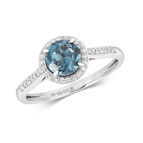 Diamond & London Blue Topaz Round Cluster With Set Shoulders Ring In 9ct White Gold 
