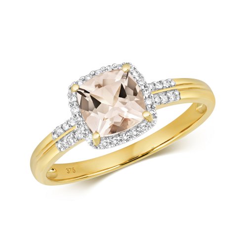 Diamond & Morganite Cushion Cluster With 2 Row Set Shoulders Ring In 9ct Gold 