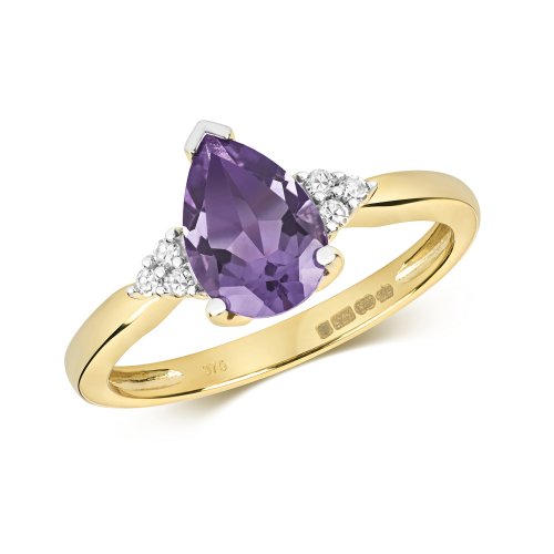 Diamond & Amethyst Pear Shape With Triangular Sides Ring In 9ct Gold 