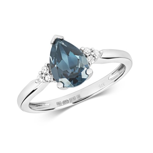 Diamond & London Blue Topaz Pear Shape Set With Triangular Sides Ring In 9ct White Gold 