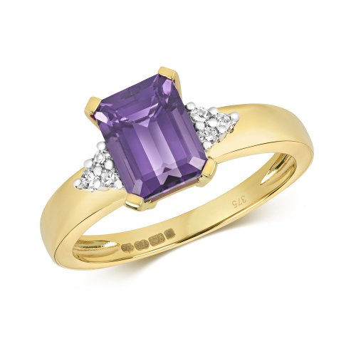 Diamond & Amethyst Octagon With Triangular Sides Ring In 9ct 