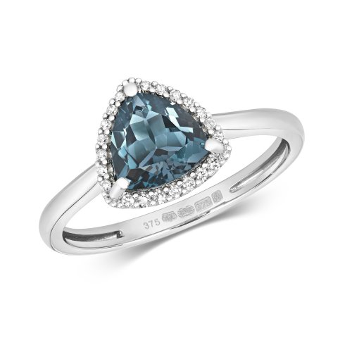 Diamond & London Blue Topaz Rounded Triangle Cluster Ring In 9ct White Gold 