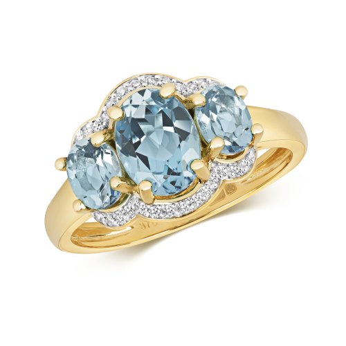 Diamond & Light Swiss Blue Topaz Oval Cluster Trilogy Ring In 9ct Gold 