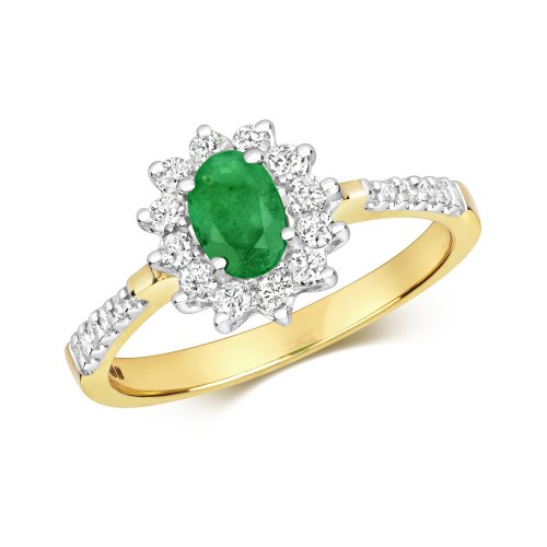 Diamond & Emerald Cluster With Set Shoulders Ring In 9ct Gold 