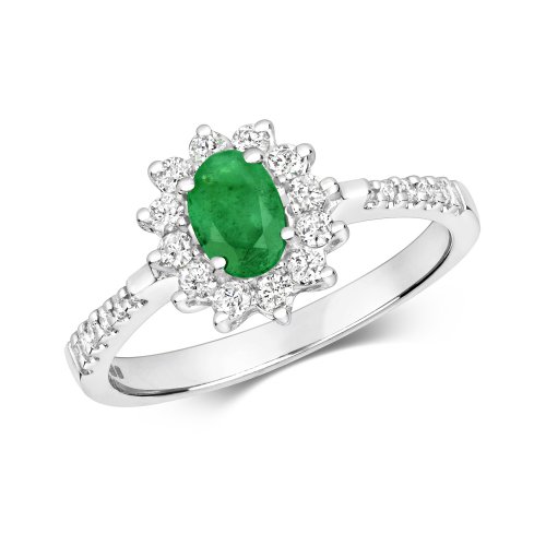 Diamond & Emerald Cluster White Set Shoulders Ring In 9ct White Gold 