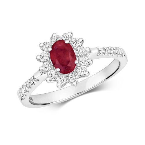 Diamond & Ruby Cluster With Set Shoulders Ring In 9ct White Gold 