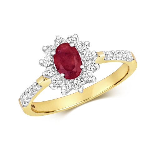 Diamond & Ruby Cluster With Set Shoulders Ring In 9ct Gold 
