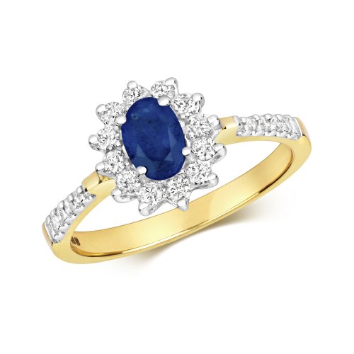Diamond & Sapphire Cluster With Set Shoulders Ring In 9ct Gold 