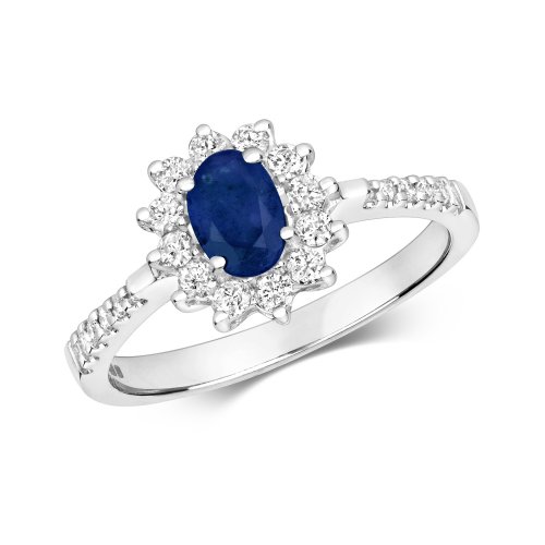 Diamond & Sapphire Cluster With Set Shoulders Ring In 9ct White Gold 