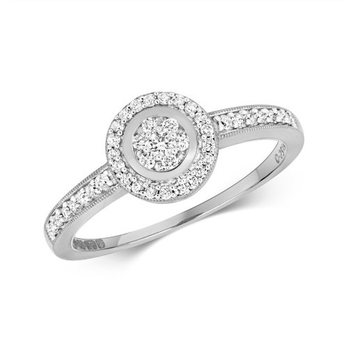 Diamond Brilliant Halo With Set Shoulders Ring In 9ct White Gold 