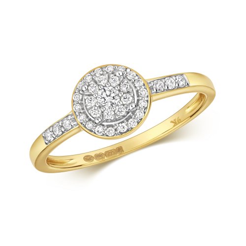 Diamond Round Cluster With Grain Set Shoulders Ring In 9ct Gold 