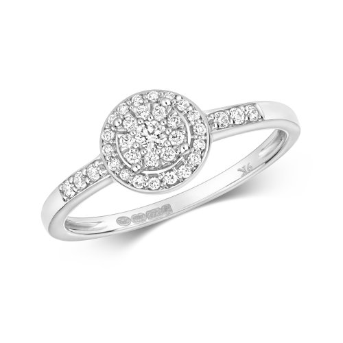 Diamond Round Cluster With Grain Set Shoulders Ring In 9ct White Gold 