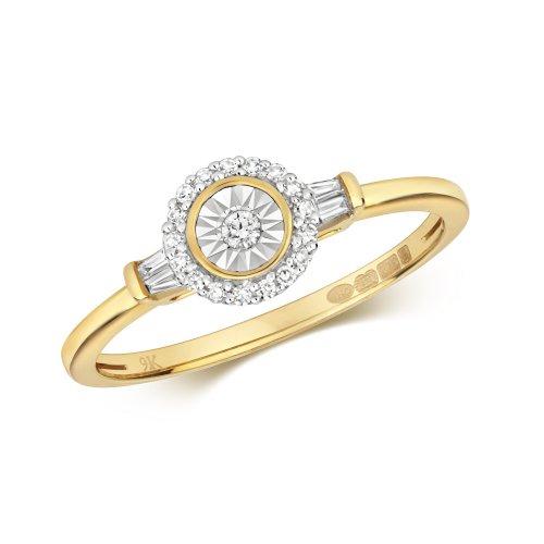 Diamond Illusion Set With Doule Baguette Shoulders Ring In 9 Ct Gold 