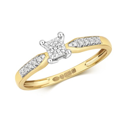 Diamond Princess Illusion With Set Shoulders Ring In 9ct Gold 