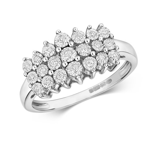 Diamond 3 Row Illusion Set Dress Ring In 9ct White Gold 