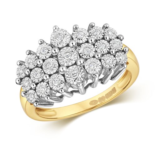 Diamond 3 Row Illusion Set Dress Ring In 9ct Gold 