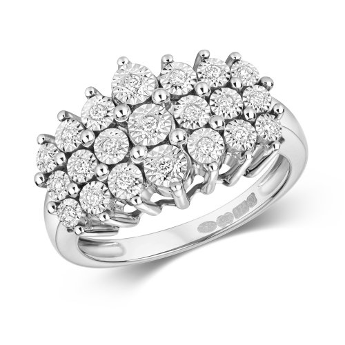 Diamond 3 Row Illusion Set Dress Ring In 9ct White Gold 