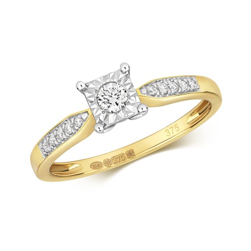 Diamond Princess Illusion With Set Shoulders Ring In 9ct Gold 