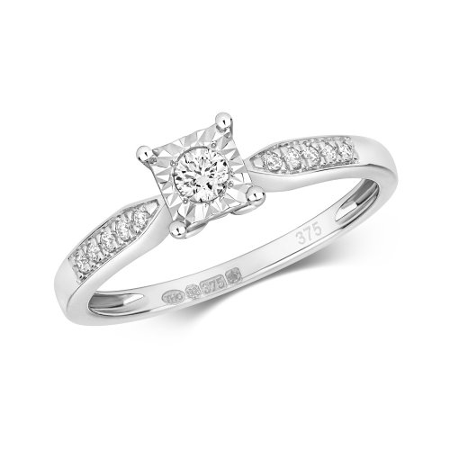 Diamond Princess Illusion With Set Shoulders Ring In 9ct White Gold 