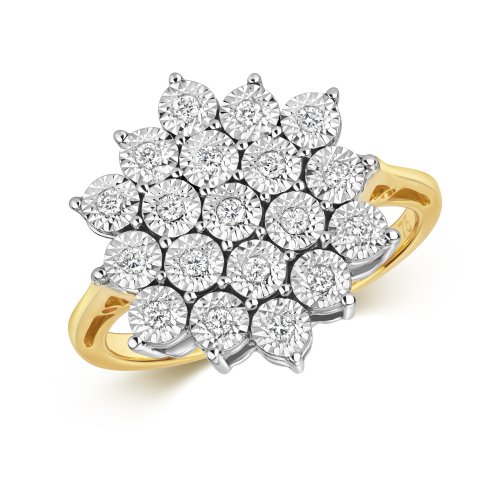 Diamond Illusion Set Cluster Ring In 9ct Gold 