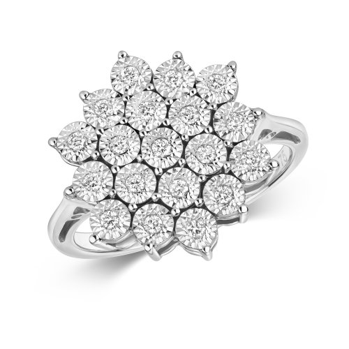 Diamond Illusion Set Cluster Ring In 9ct White Gold 