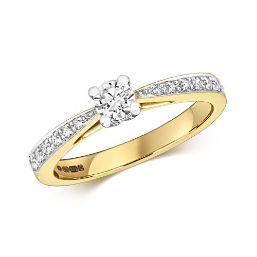 Diamond Solitaire With Grain Set Shoulders Engagement Ring In 9ct Gold 