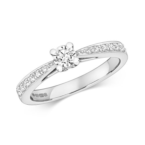 Diamond Solitaire With Grain Set Shoulders Engagement Ring In 9ct White Gold 