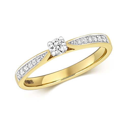 Diamond Solitaire With Grain Set Shoulders Engagement Ring In 9ct Gold 