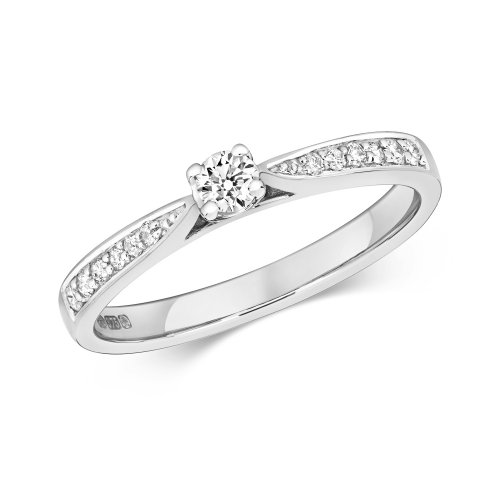 Diamond Solitaire With Grain Set Shoulders Engagement Ring In 9ct White Gold 
