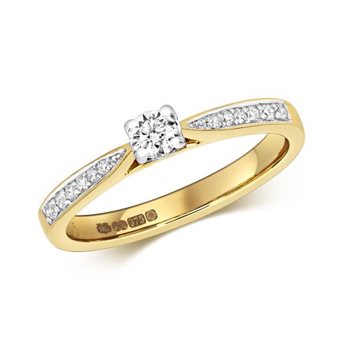 Diamond Solitaire With Grain Set Shoulders Engagement Ring In 9ct Gold 