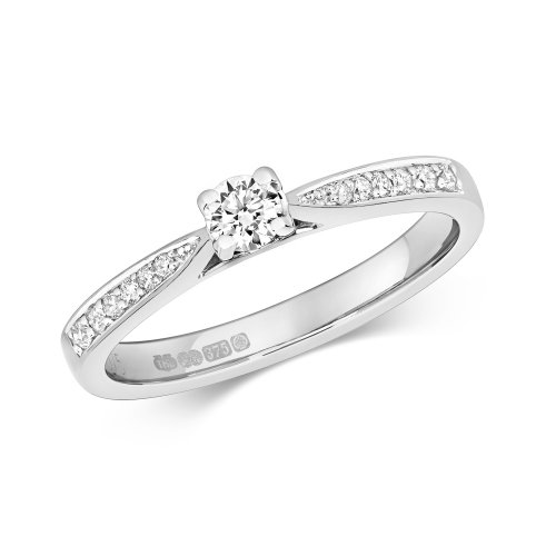 Diamond Solitaire With Grain Set Shoulders Engagement Ring In 9ct White Gold 