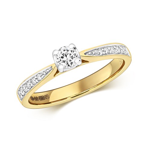 Diamond Solitaire With Grain Set Shoulders Engagement Ring In 9ct Gold 
