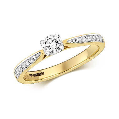 Diamond Solitaire With Grain Set Shoulders Engagement Ring In 9ct Gold 