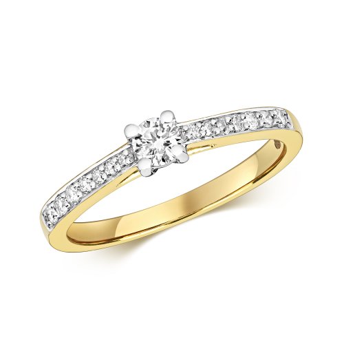 Diamond Solitaire With Grain Set Shoulders Engagement Ring In 9ct Gold 