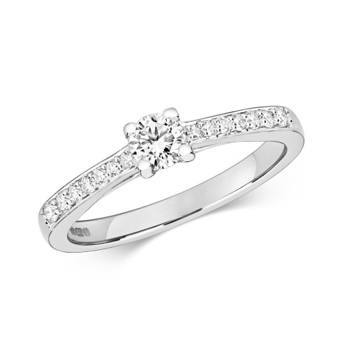 Diamond Solitaire With Grain Set Shoulders Engagement Ring In 9ct White Gold 