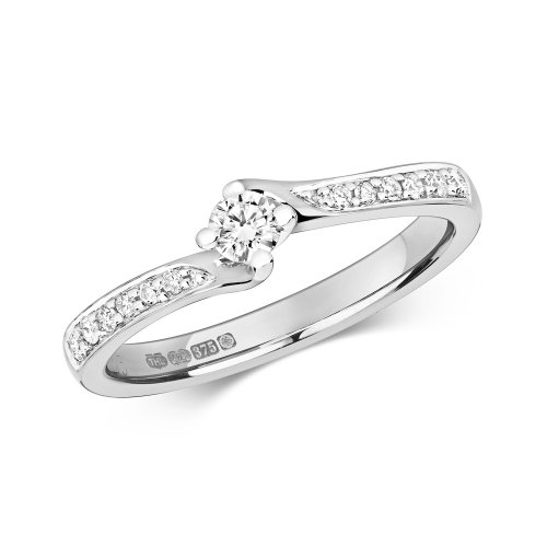Diamond Solitaire With Grain Set Shoulders Engagement Ring In 9ct White Gold 