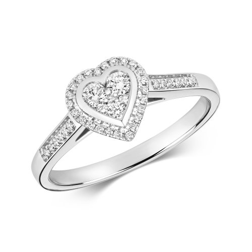 Diamond Heart Shape Cluster With Grain Set Shoulders Ring In 9ct White Gold 