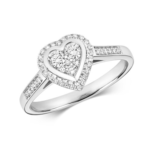 Diamond Heart Shape Cluster With Grain Set Shoulders Ring In 9ct White Gold 