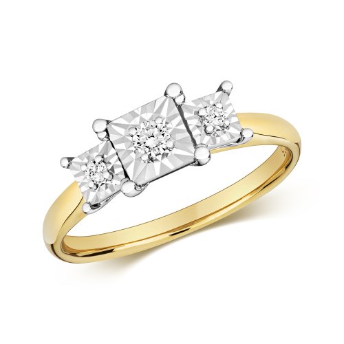 Diamond Illusion Set Square Trilogy Ring In 9ct Gold 
