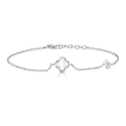 Silver Round Cz And Mother Of Pearl Clover Bracelet SBG0040