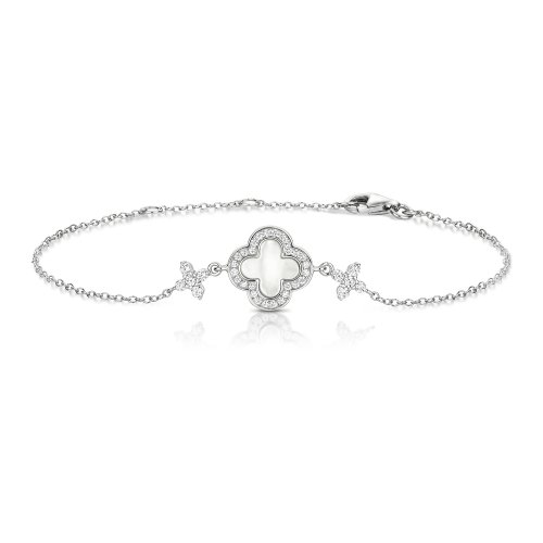 Silver Cz And Mother Of Pearl Clover Bracelet SBG0041